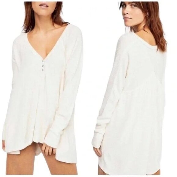 We The Free Free People Citrine Ecru Waffle Knit Long Sleeve V Neck Swing Top - Picture 1 of 10